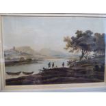 Early 19thC Continental School - a lake scene with figures in the foreground,