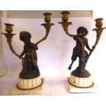 A pair of mid/late 19thC Continental cast, patinated and parcel gilt bronze twin branch candelabra,
