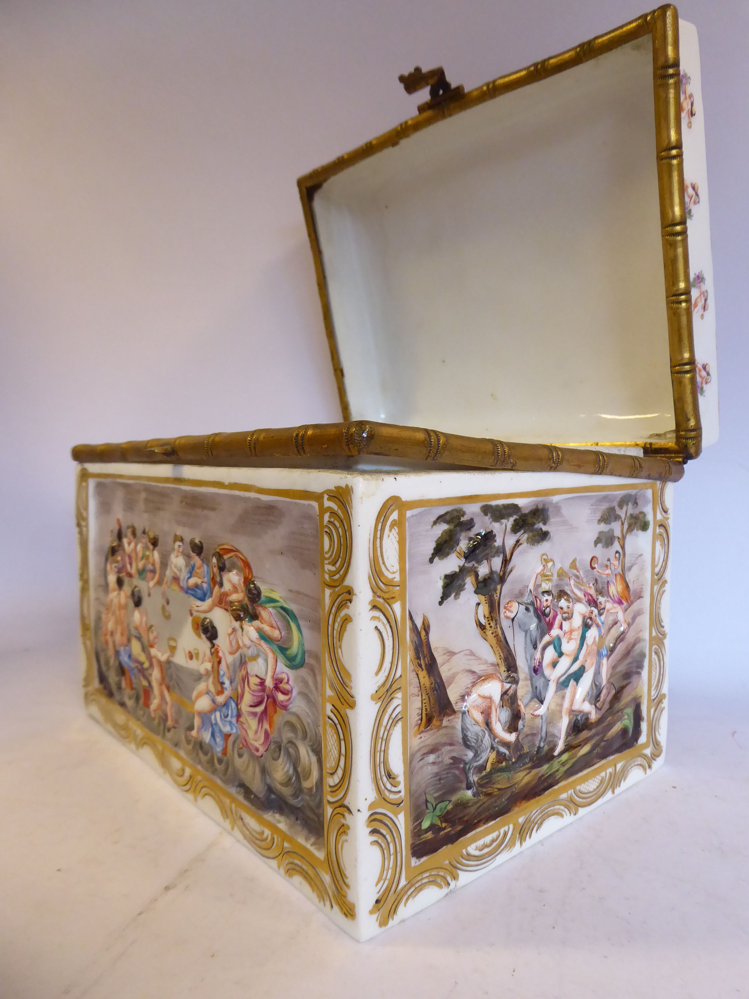 An early 20thC Naples gilded ivory glazed porcelain box, having straight sides, applied faux bamboo, - Image 3 of 12