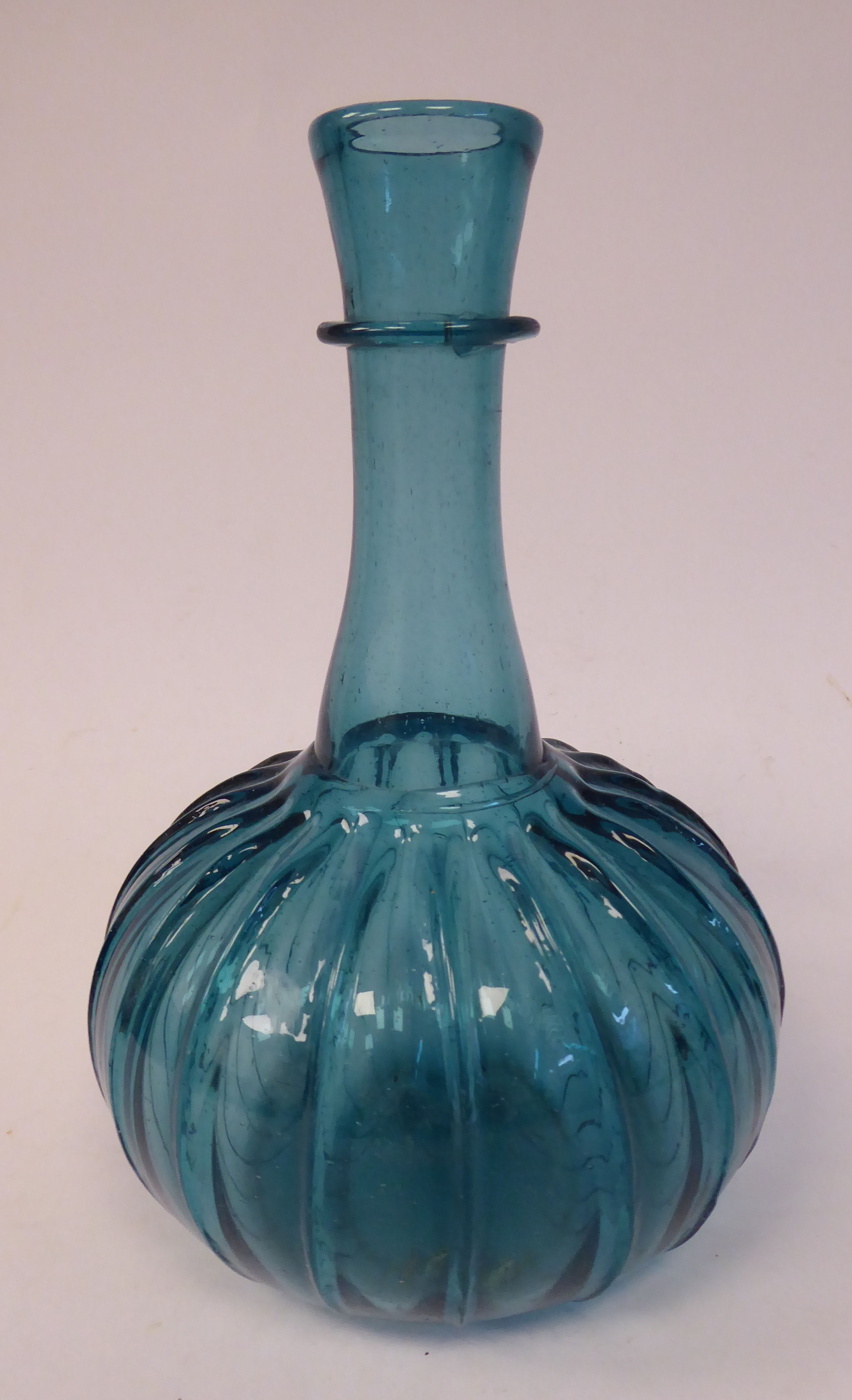 A 17thC Dutch semi-opaque turquoise glass bulbous and wide fluted bottle vase with a long, - Image 3 of 10