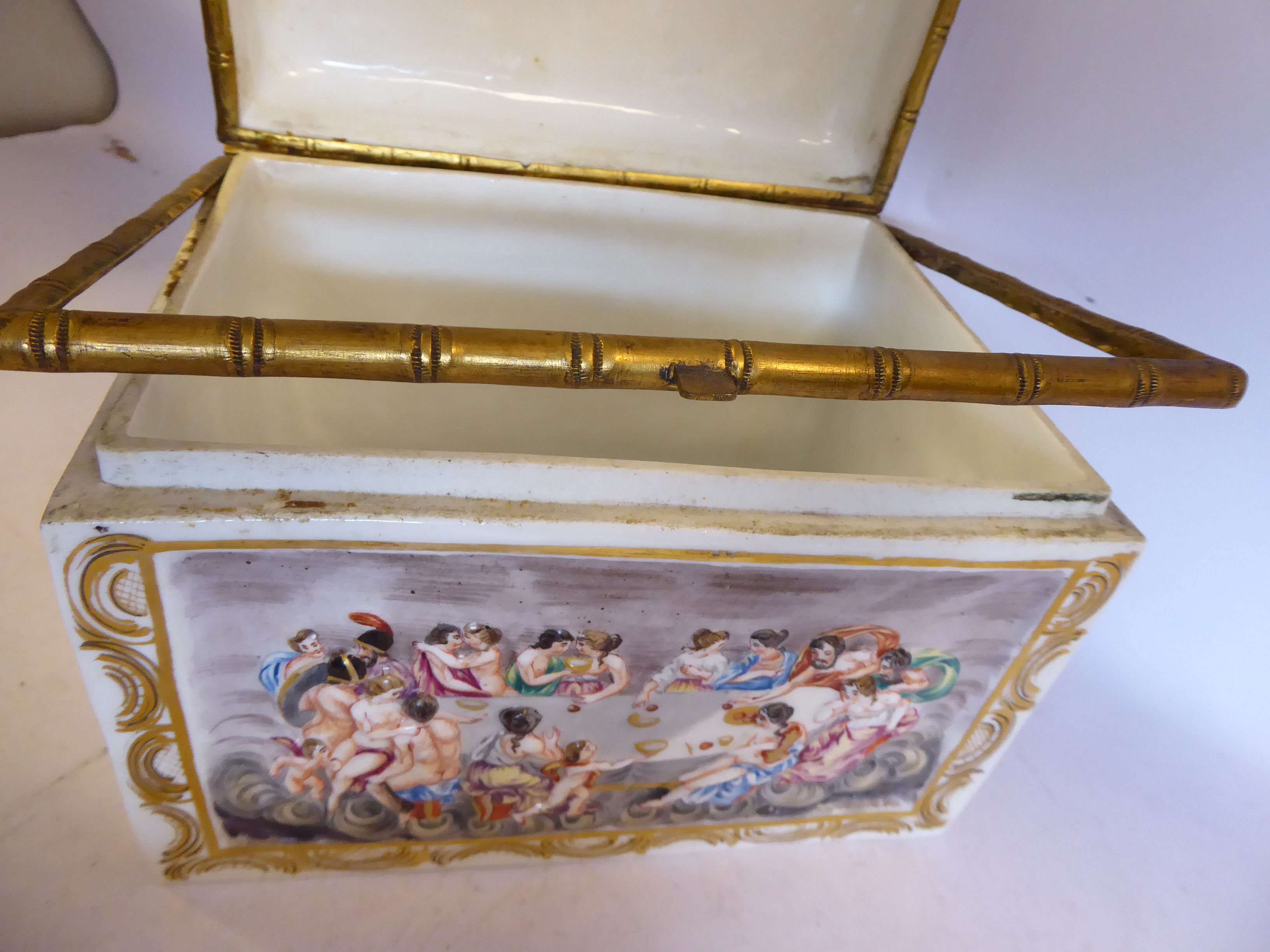 An early 20thC Naples gilded ivory glazed porcelain box, having straight sides, applied faux bamboo, - Image 7 of 12