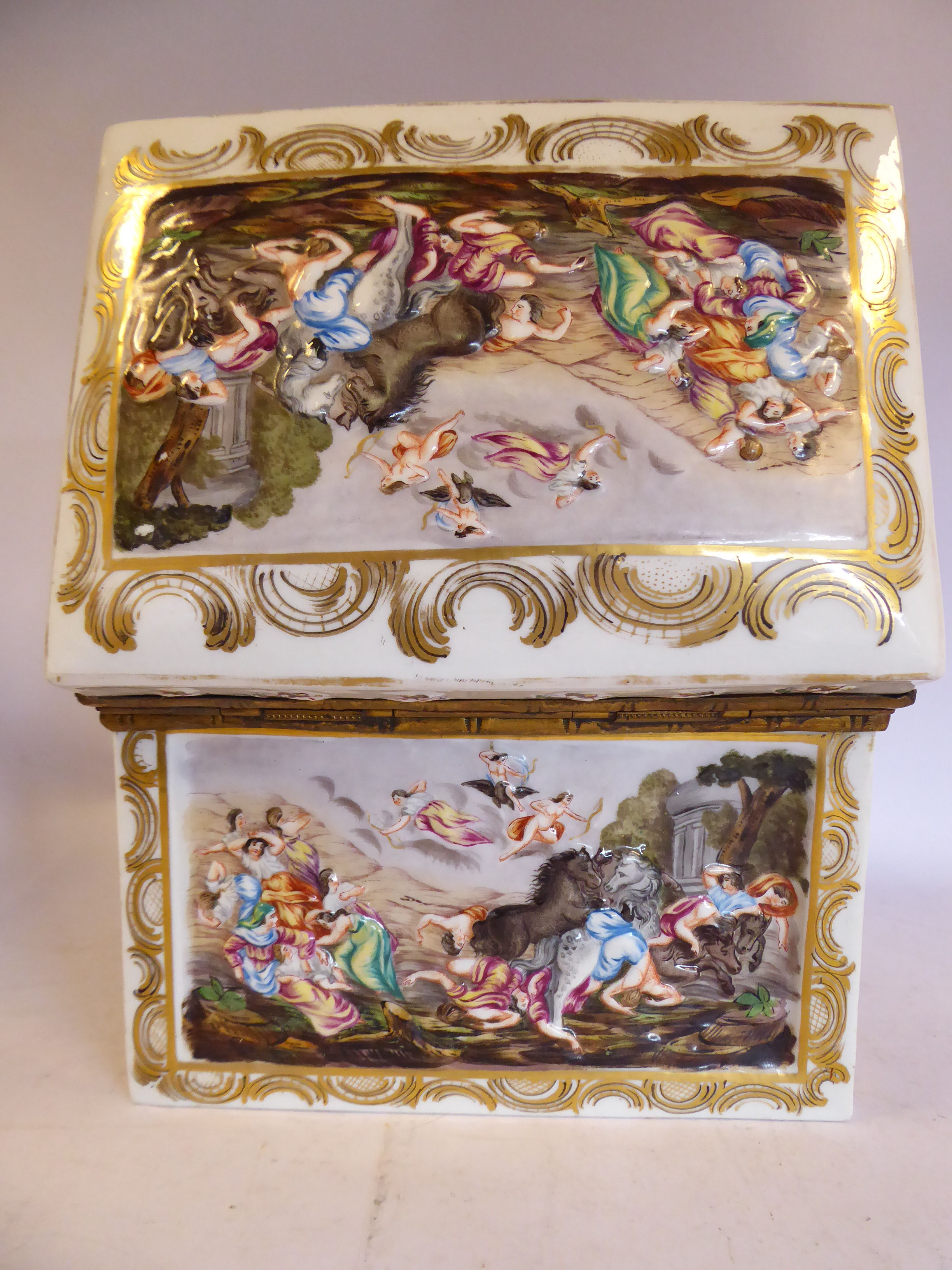 An early 20thC Naples gilded ivory glazed porcelain box, having straight sides, applied faux bamboo, - Image 10 of 12