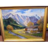 A Mercer - an Alpine landscape with a river and chalet in the foreground,