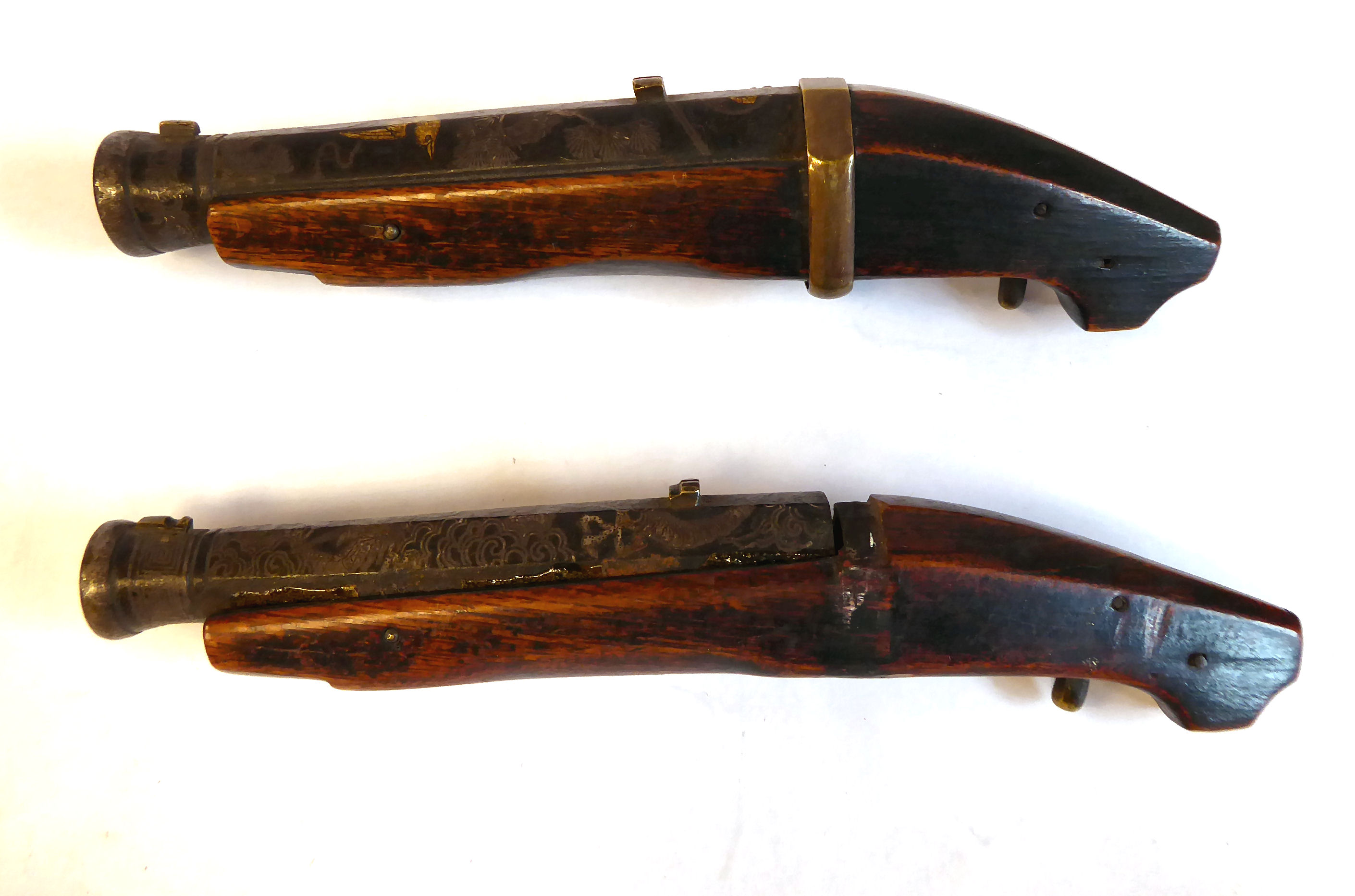 A pair of 19thC Japanese 'hand canons' the barrels inlaid with Kornai work 5. - Image 3 of 10