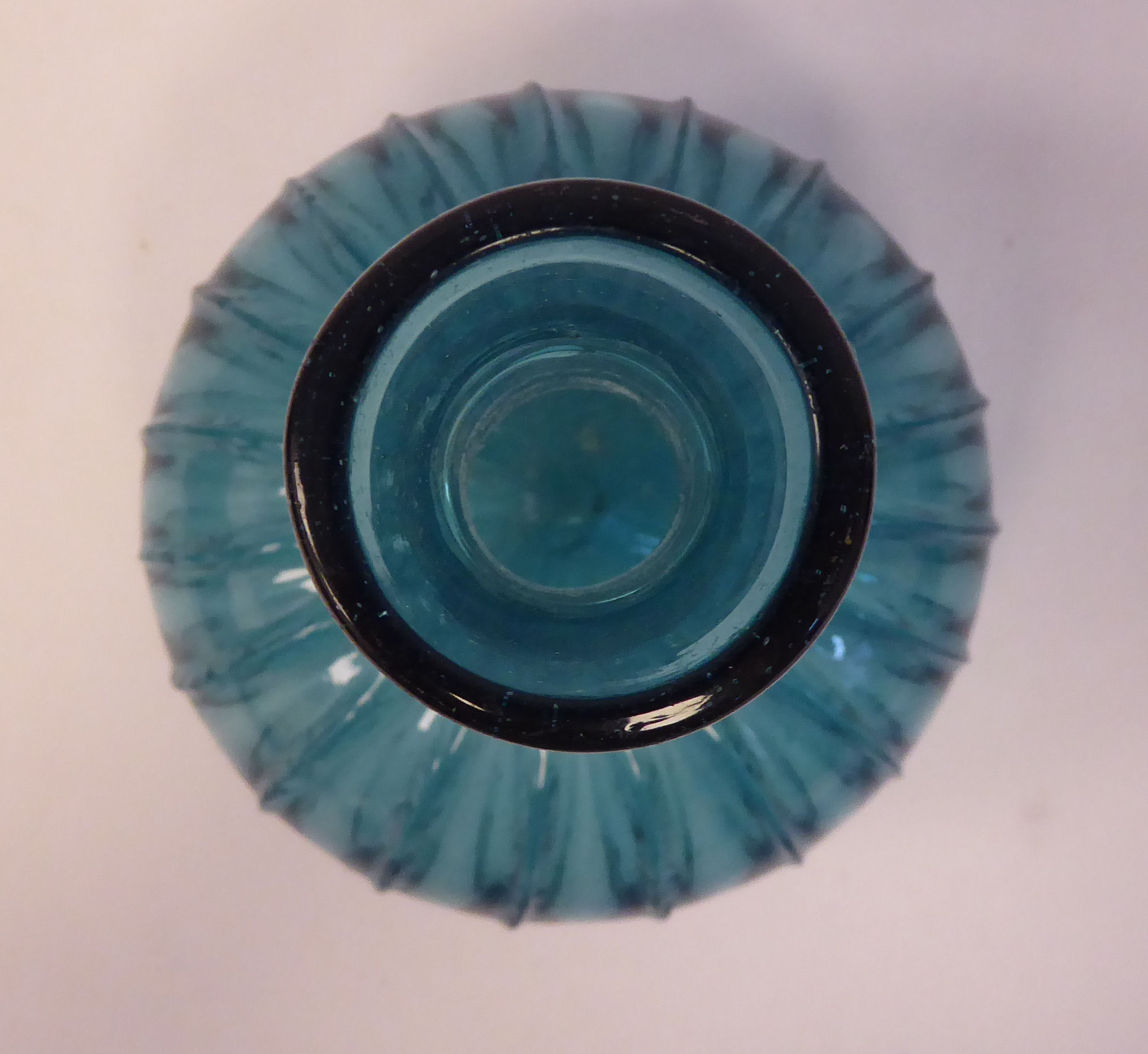 A 17thC Dutch semi-opaque turquoise glass bulbous and wide fluted bottle vase with a long, - Image 5 of 10