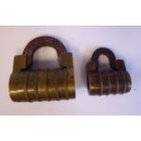 A late 19thC brass and steel five wheel combination padlock 1.