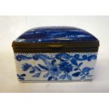 An early 19thC Delft trinket box, having straight sides, an applied metal collar and hinged,