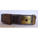 A Georgian stitched brown hide and lacquered brass dog collar with a square buckle,