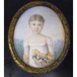 An early/mid 19thC oval half-length portrait miniature, a girl wearing a white lace dress,