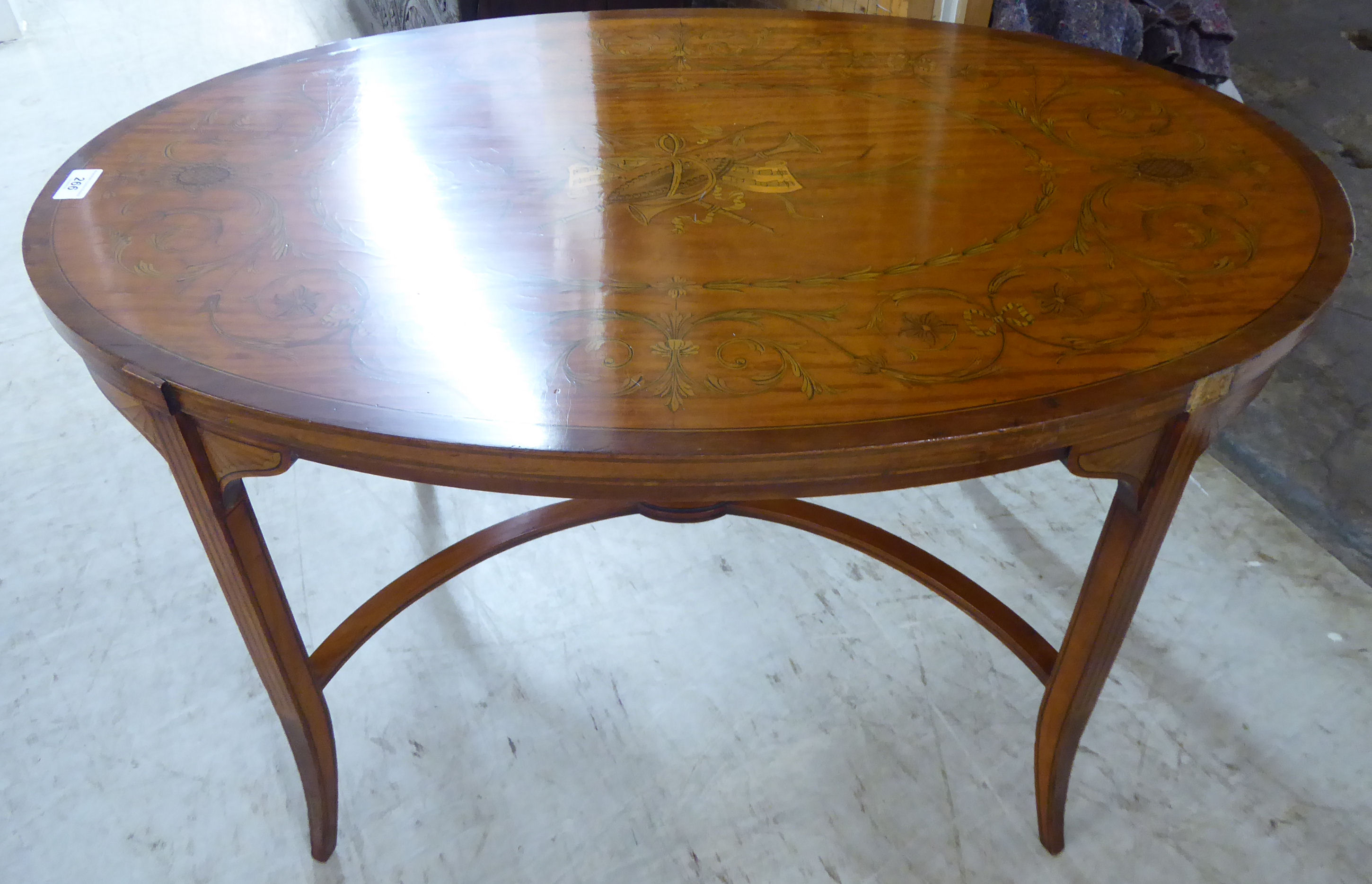 A modern Sheraton inspired, satin mahogany and marquetry, oval occasional table, - Image 2 of 2