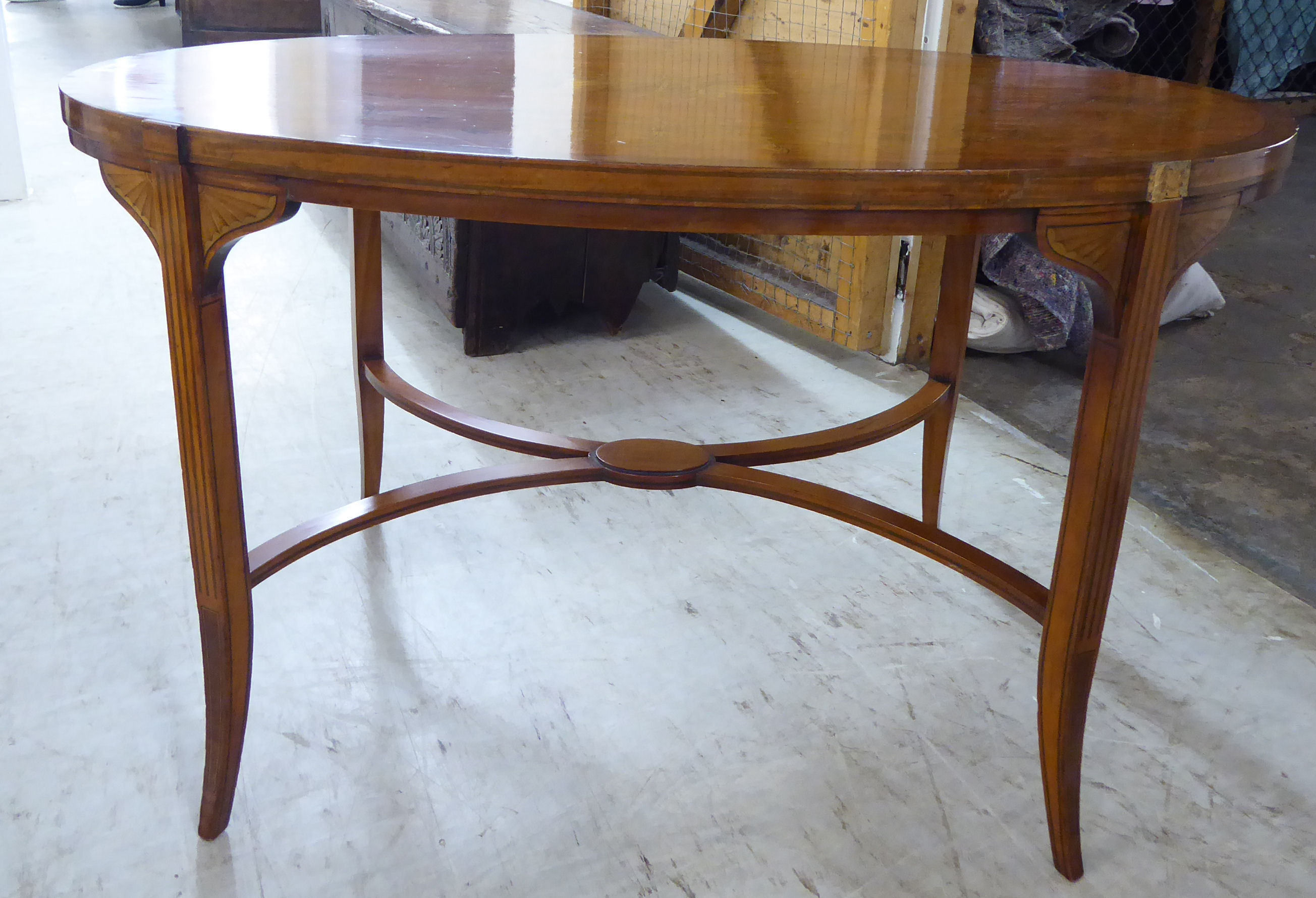 A modern Sheraton inspired, satin mahogany and marquetry, oval occasional table,