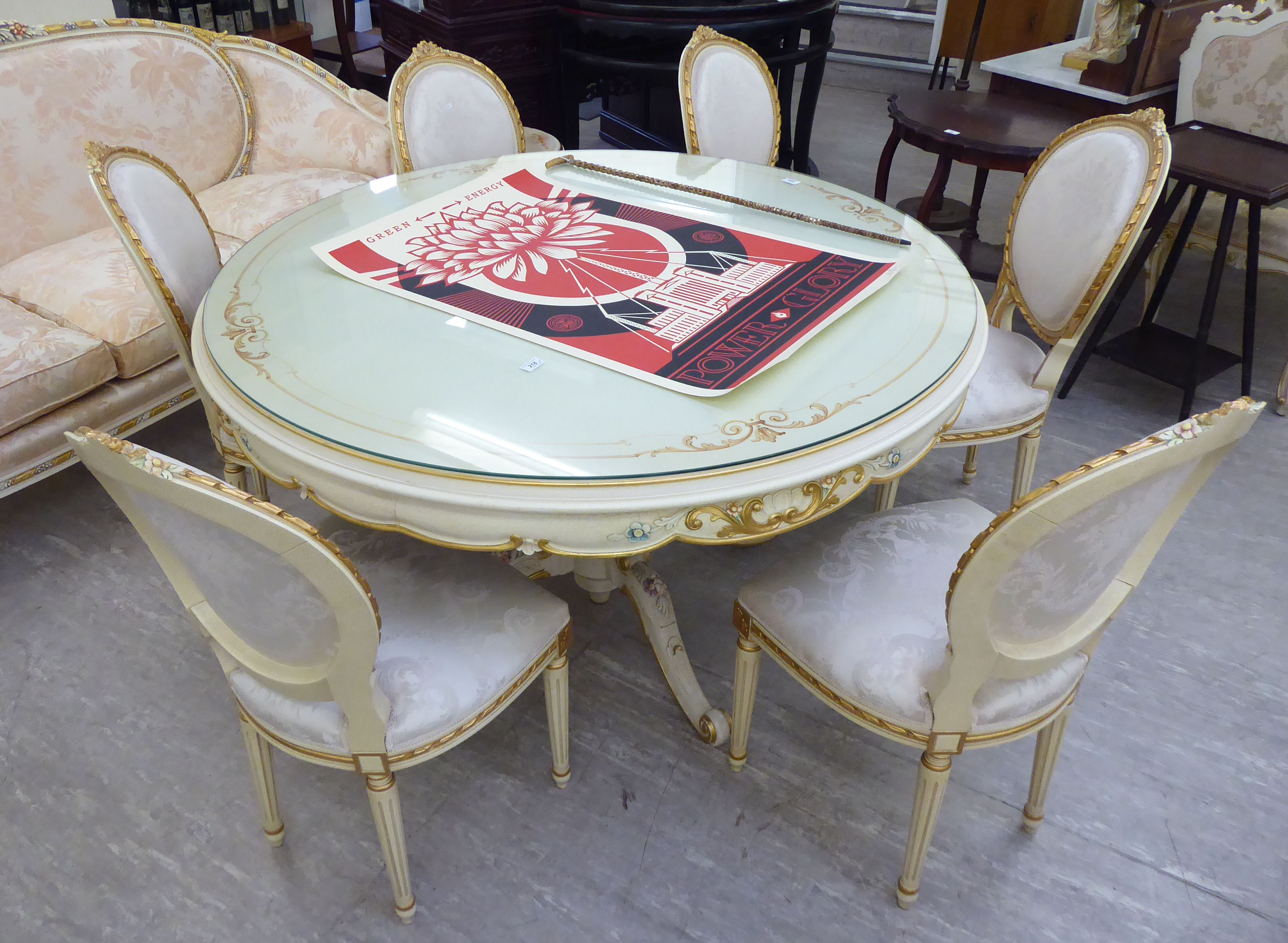 A modern Continental carved, gilded and painted dining table with a plate glass top, - Image 2 of 3