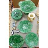 A late Victorian moulded green glazed leaf and berry pattern dessert service comprising a comport,