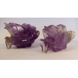 A pair of Chinese carved mottled mauve rock crystal model birds 1.