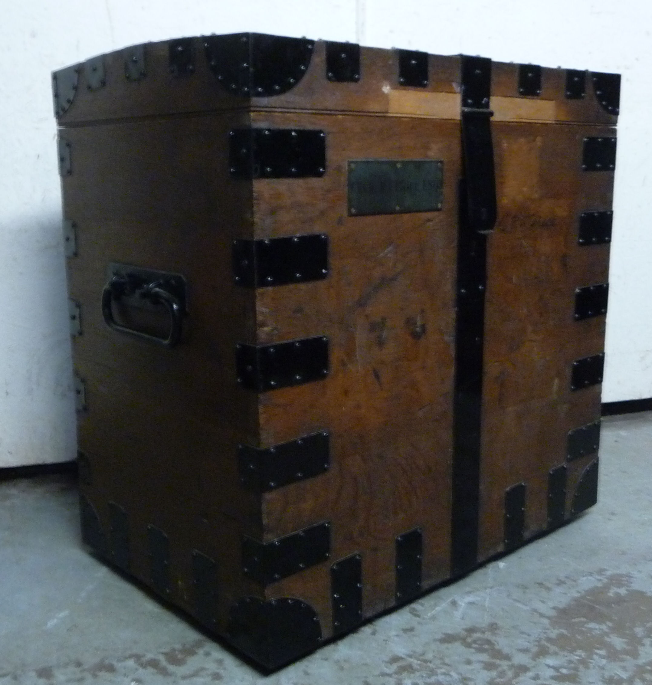 A mid/late 19thC oak silver chest with rivetted, black painted, - Image 3 of 6