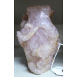 A Chinese carved mottled pink stone vase of flattened baluster form with Greek key style ornament