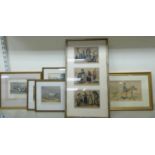 Six framed 19thC coloured engravings: to include an equestrian scene at Rotten Row;