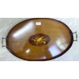 An Edwardian mahogany and serving tray with opposing brass handles and a marquetry motif 15'' x