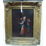 18thC Dutch School - two figures dancing and another beyond oil on panel 9'' x 7'' framed