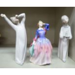 A Royal Doulton china figure 'Blithe Morning' HN2021 7''h; and two Lladro porcelain figures,