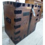 A mid/late 19thC oak silver chest with rivetted, black painted, corner quoin iron reinforcement,