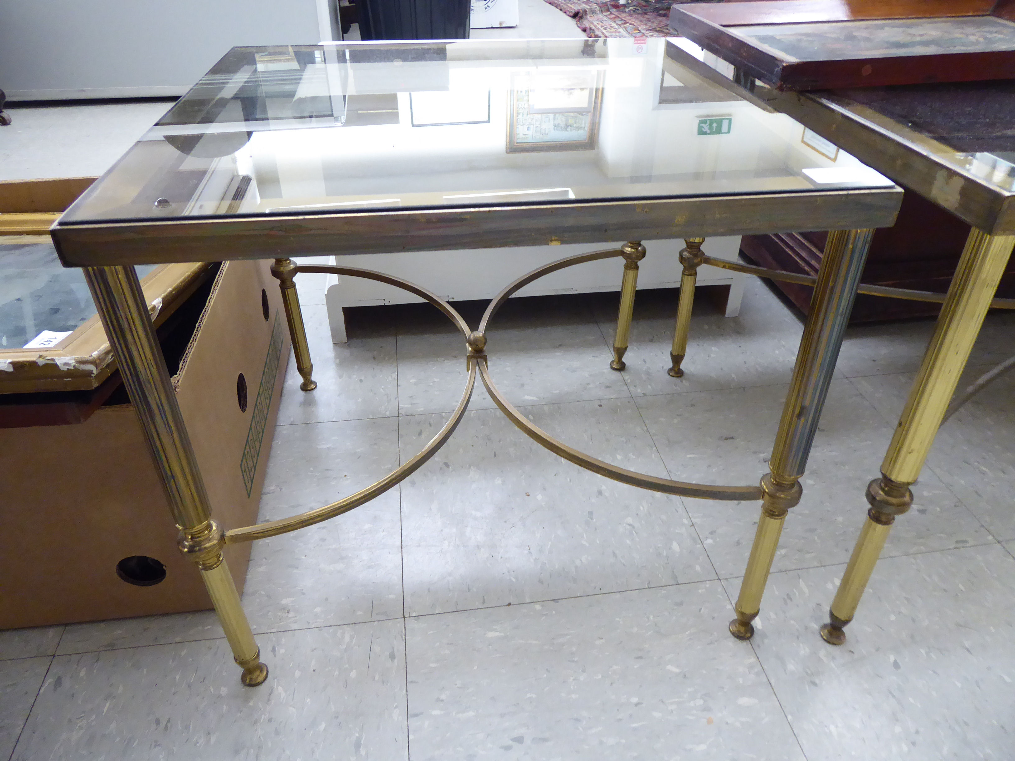 A pair and one modern brass framed coffee tables, each with a smoked plate glass tops, - Image 2 of 3