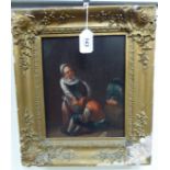 18thC Dutch School - a woman assisting two drunkards oil on panel 9'' x 7'' framed SR