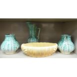 A pair of 1930s Beswick pottery sponged green and white bulbous vases 6''h; a matched ewer 9''h;