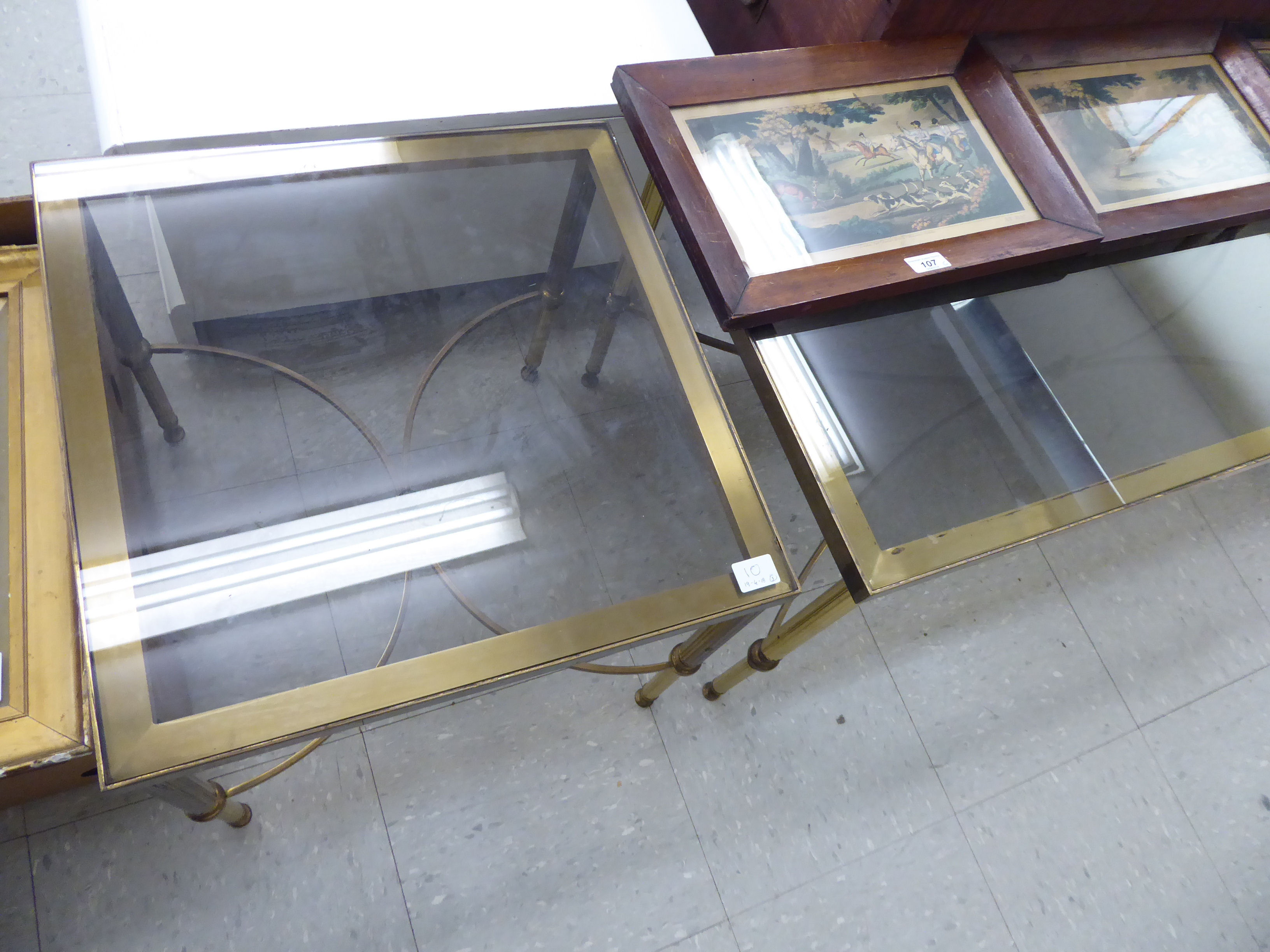 A pair and one modern brass framed coffee tables, each with a smoked plate glass tops, - Image 3 of 3