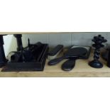 Late Victorian ebony dressing table accessories: to include a pair of clothes brushes LAF