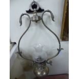 A Victorian design white metal pendant oil lamp style centre light with an etched glass shade