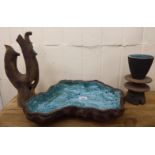 Three items of Clive Brooker sponged turquoise glazed and textured studio pottery, viz.