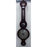 A 19thC mahogany cased, onion topped wheel barometer comprising a hydrometer/thermometer,