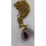 A pear shaped amethyst and diamond set pendant, on a fine neckchain,