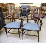 A pair of Edwardian satinwood and bone inlaid mahogany framed salon chairs,