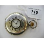 A silver cased half-hunter pocket watch with black enamelled Arabic numerals around the window,
