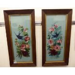 A pair of late Victorian pictures - floral studies with birds and foliage painted on celadon glass