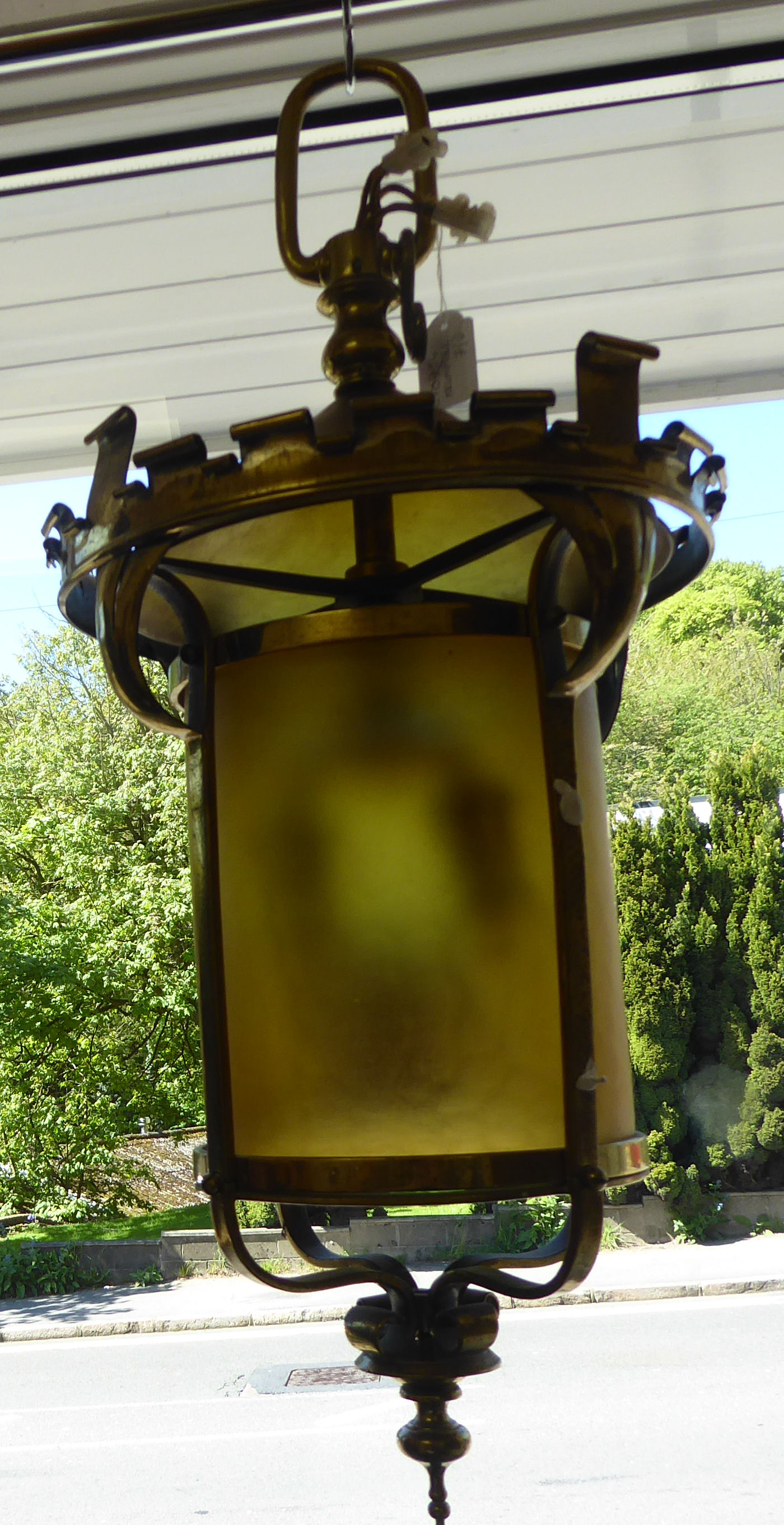 An early 20thC lacquered brass framed hanging lantern with a scrolled, - Image 2 of 2