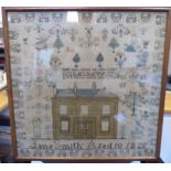 A George IV sampler, featuring a two storey house, stylised trees, birds and border ornament,