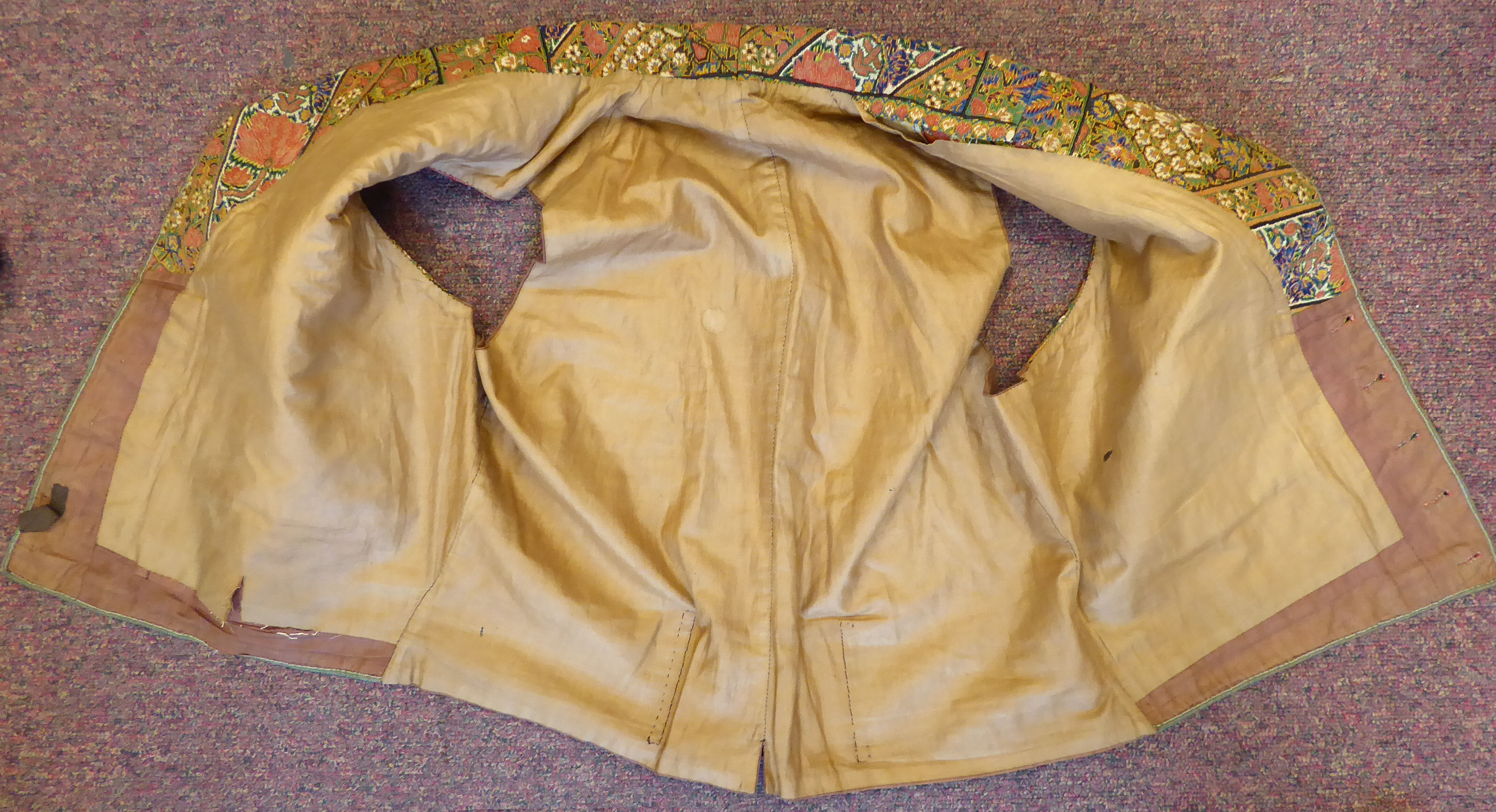 A mid 19thC silk lined gilet/waistcoat with a rolled collar and finely embroidered, - Image 6 of 7