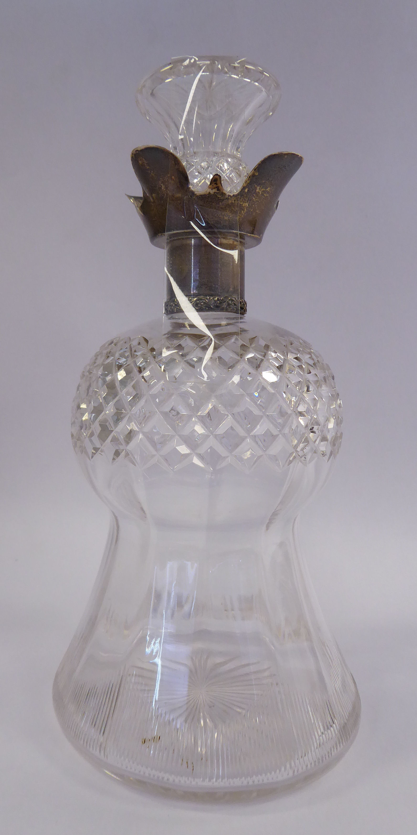 An Edwardian thistle design glass decanter with slice and diamond cut ornament and an applied, - Image 2 of 3