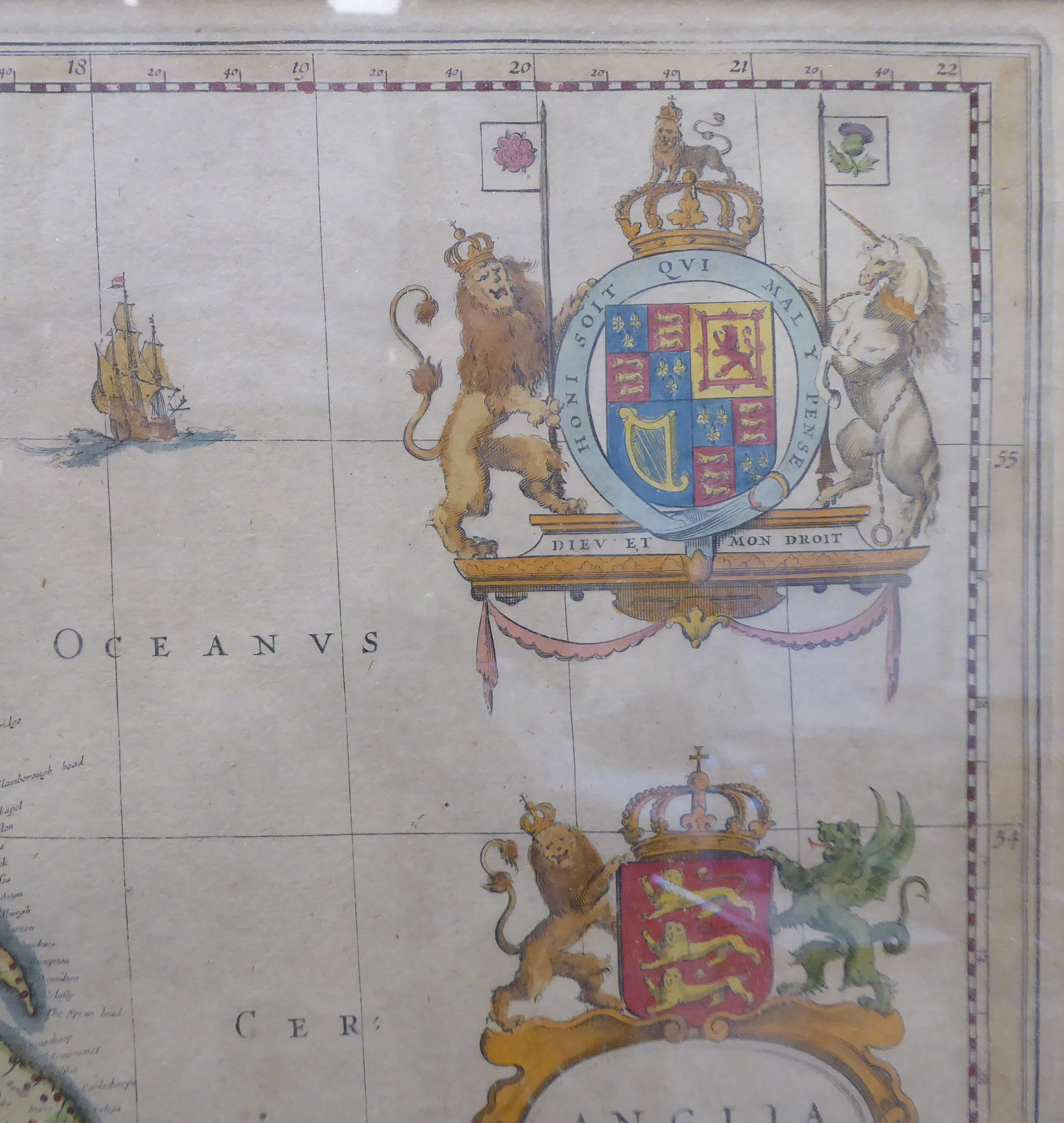 A mid 17thC J Blaeu coloured map 'Anglia Regnvm' incorporating a scrolled title cartouche and arms - Image 3 of 4