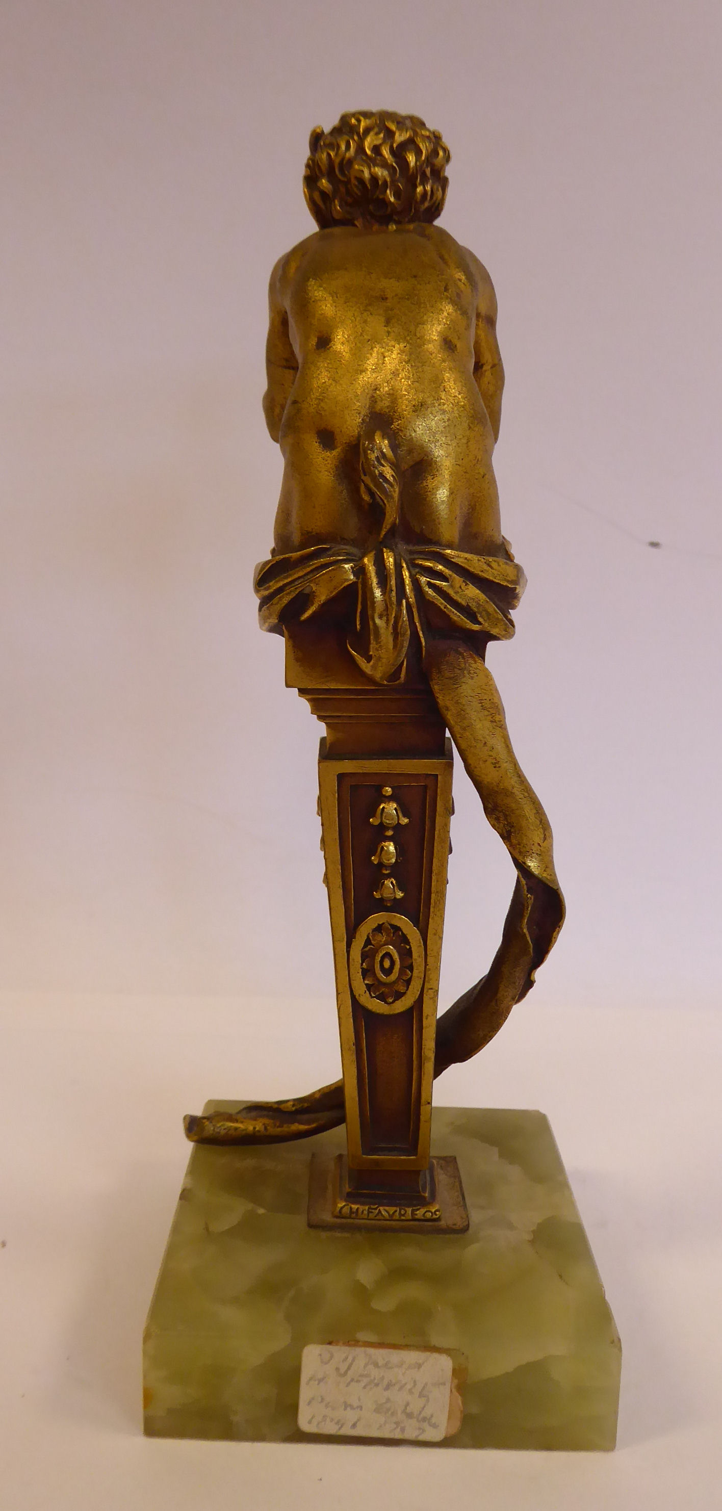 A cast gilt bronze statue, Bacchus, on a tapered column and a square, - Image 3 of 6