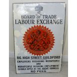 An enamelled steel, black and red on white 'Board of Trade Labour Exchange' sign for 86 High Street,