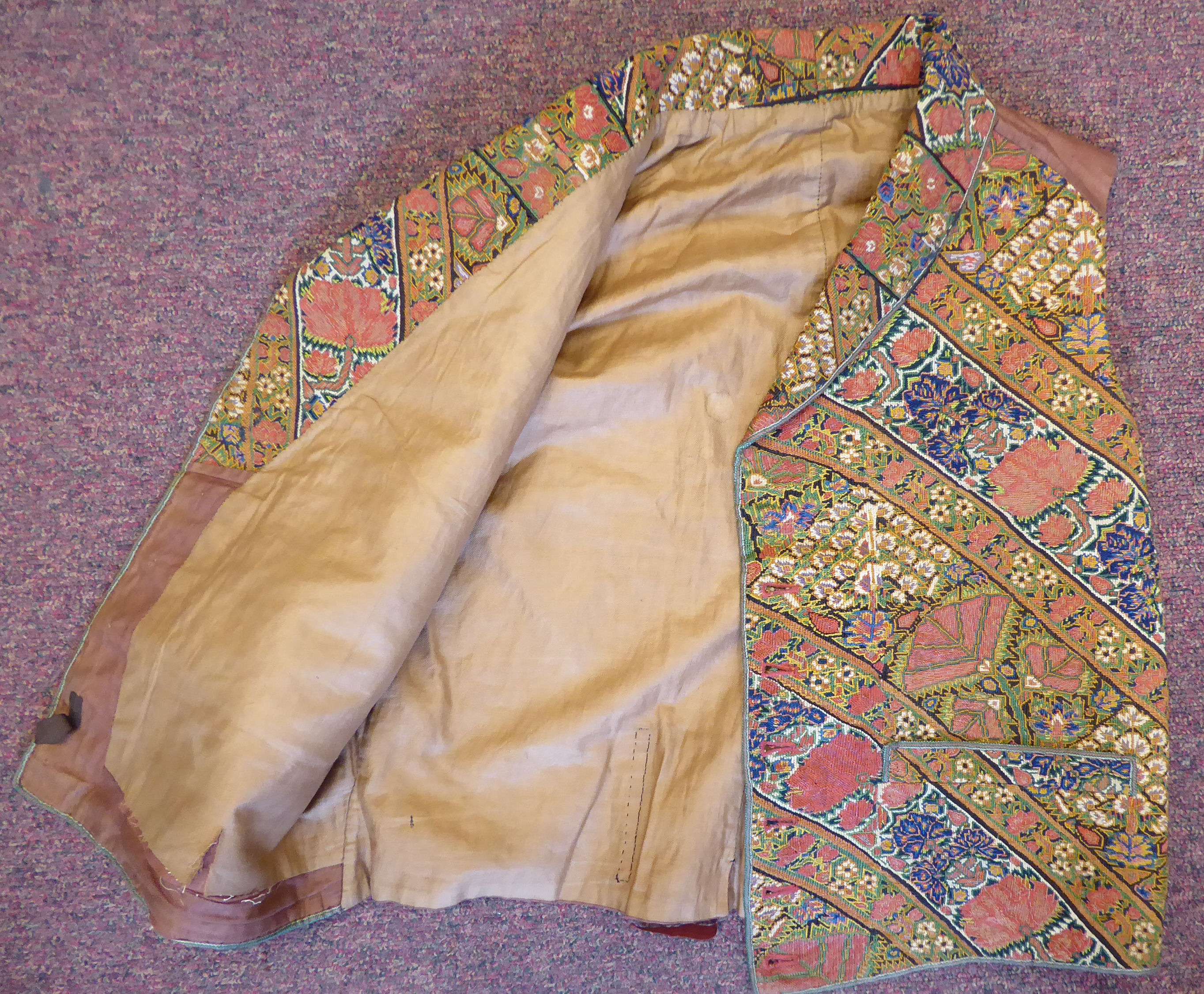 A mid 19thC silk lined gilet/waistcoat with a rolled collar and finely embroidered, - Image 4 of 7