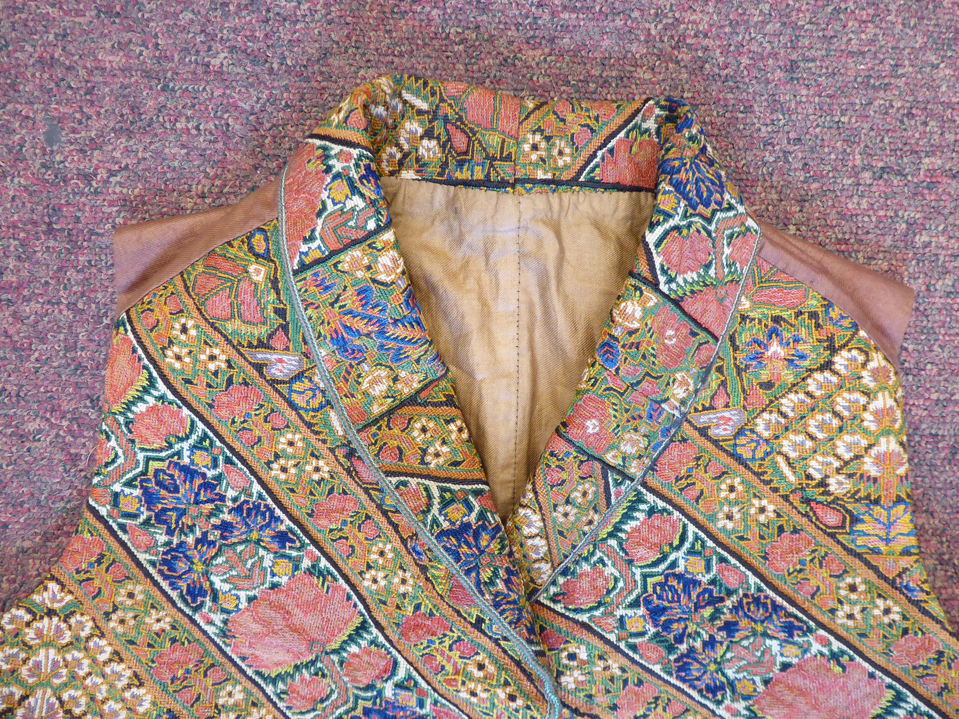 A mid 19thC silk lined gilet/waistcoat with a rolled collar and finely embroidered, - Image 2 of 7