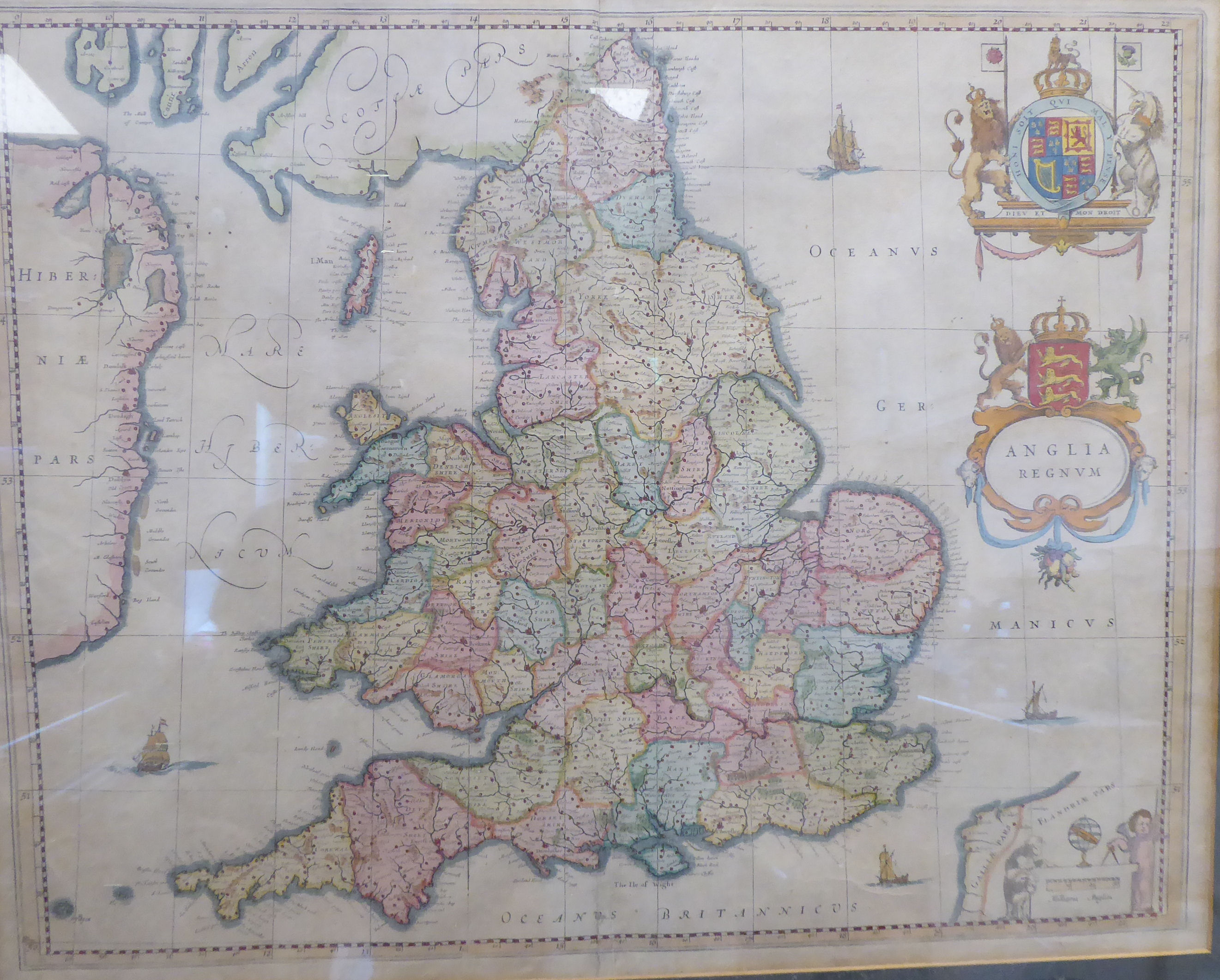 A mid 17thC J Blaeu coloured map 'Anglia Regnvm' incorporating a scrolled title cartouche and arms - Image 2 of 4