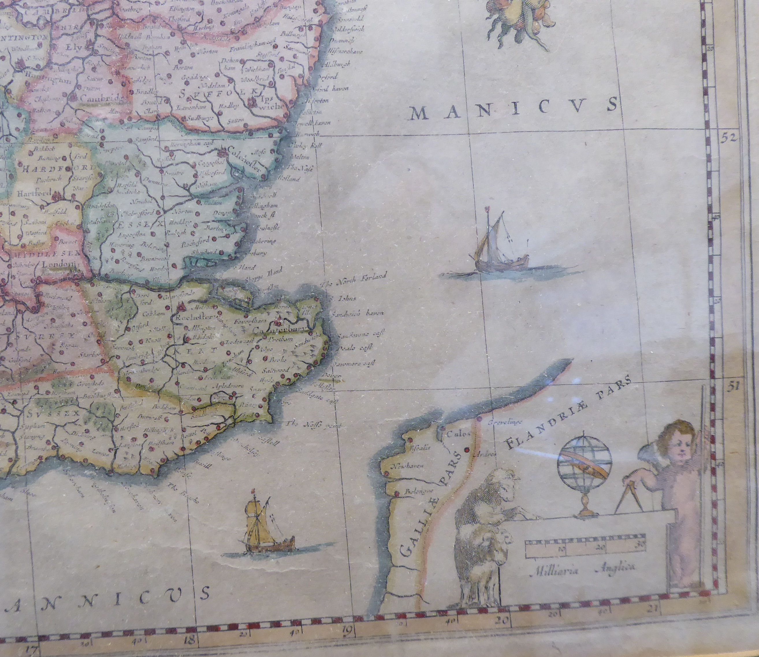 A mid 17thC J Blaeu coloured map 'Anglia Regnvm' incorporating a scrolled title cartouche and arms - Image 4 of 4