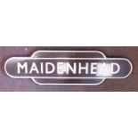 An enamelled steel, white on maroon 'Maidenhead' totem railway station sign 10.