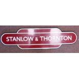 An enamelled steel, white and red 'Stanlow & Thornton' totem railway station sign 10.